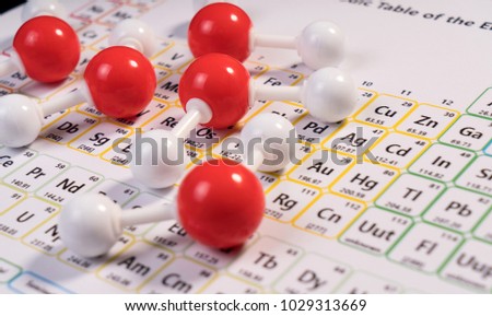 Chemistry model atom of molecule water scientific elements on periodic table of the elements. Chemistry conceptual plastic model for education.