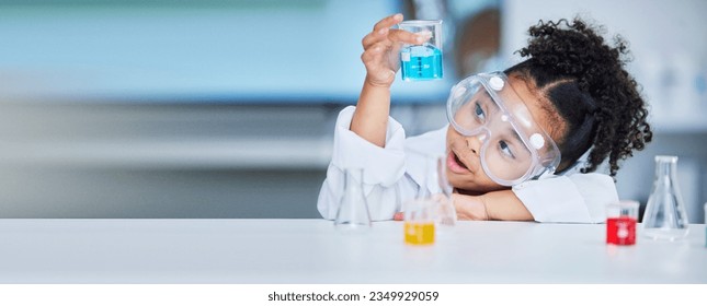 Chemistry, science and a child with liquid for research, futuristic innovation or project for education. Surprise, physics and a girl or young scientist with a test to study water for learning