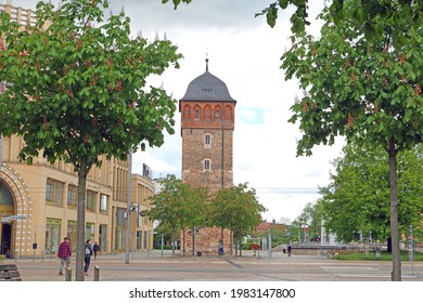 Chemnitz, Germany (Free State of Saxony) - May 21 2020; Historic Red Tower (Roter Turm) in Chemnitz, Germany. Chemnitz named European Capital of Culture for 2025