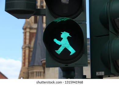 CHEMNITZ, GERMANY - MAY 9, 2018: Ampelmann Pedestrian Crossing Symbol In Chemnitz. German Traditional Traffic Symbols Have Many Fans And Even Some Cult Following.