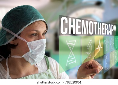 Chemotherapy concept image with doctor woman using futuristic touch monitor interface with text and icons with surgery operating room on background