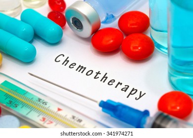 Chemotherapy - Diagnosis Written On A White Piece Of Paper. Syringe And Vaccine With Drugs.