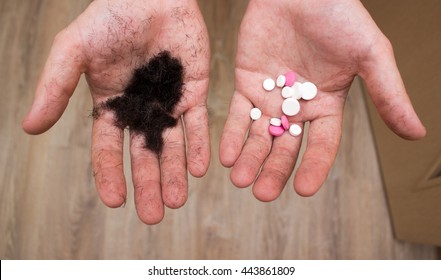 Chemotherapy - Medical Side Effect Concept. On Background Of Pills And Hair Fall With Syringe On White Background