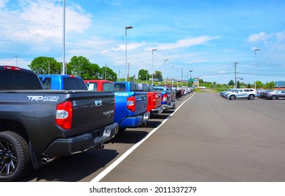 Chemung County, New York, US - June 8, 2021: TOYOTA TUNDRA TRD Off Road in Stock. Brand new trucks in row. Local Dealership Vehicles Lot.  