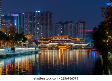 Chengdu Anshun bridge and Jinjiang river at night, Sichuan province, China