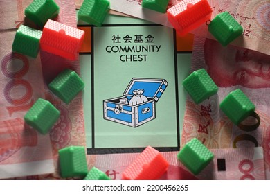 CHENGDU, CHINA - 19th Aug 2022: Community Chest Field In The Chinese Version Of Monopoly Game.