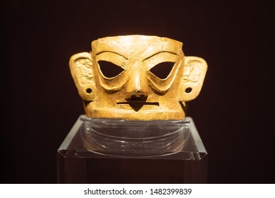 Chengdu China, 6 August 2019 : Gold Mask From The Shu State Kingdom At The Jinsha Site Museum Exhibition Hall Building In Chengdu Sichuan China