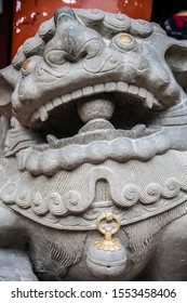 Chengdu, China - July 2019 : Lion Head Sculpture Figure In The Courtyard Of The Wenshu Monastery