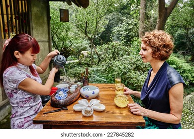 Chengdu, China - September 21, 2014: Tea Ceremony In Du Fu Thatched Cottage In Chengdu Sichuan China