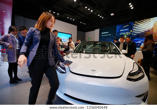 Chengdu, Sichuan / China - March 02 2019: Tesla car\
model showroom located in the largest shopping mall in Chengdu.\
Tesla has become the most popular car brand in China amid US China\
trade war. 