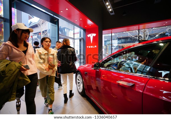 Chengdu, Sichuan / China - March 02 2019: Tesla car
model showroom located in the largest shopping mall in Chengdu.
Tesla has become the most popular car brand in China amid US China
trade war. 