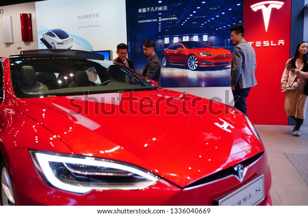 Chengdu, Sichuan / China - March 02 2019: Tesla car\
model showroom located in the largest shopping mall in Chengdu.\
Tesla has become the most popular car brand in China amid US China\
trade war. 