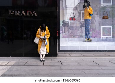 Chengdu, Sichuan / China - March 10 2019: Consumers Walking By Luxury Retail Stores In Tai Gu Li And Chengdu IFS Shopping District. China Has Become The Largest Luxury Goods Consumption Nation.