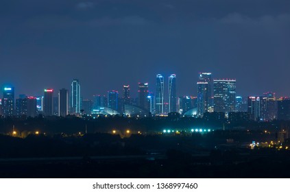 Chengdu, Sichuan / China - March 10 2019: Skyline of Chengdu, the largest city in South China, starting point of new road and belt initiative supported by Xi Jinping.