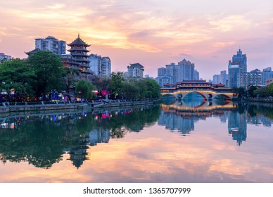 Chengdu, Sichuan / China - March 30 2019: landscape of Chengdu, the largest city of South West China, starting point of the road and belt initiative supported by Chinese president Xi Jinping.
