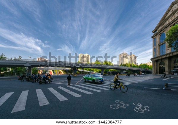 Chengdu, Sichuan / China - May\
04 2019: view in downtown Chengdu, the largest city in South China\
and starting point of new silk road amid trade war with US.\
