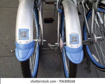 Chengdu,China – June 19 2017, Sharing Bicycles In Chengdu City, Close Up QR Code On The Rear Mudguard.