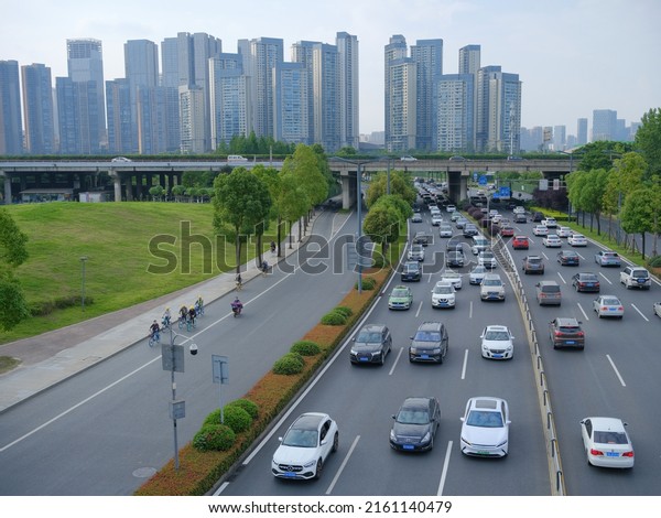 Chengdu,Sichuan,China-May 22, 2022: Traffic flows\
on the main road of Tianfu New\
Area.