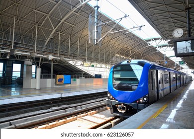 Chennai, India - Apr 13: Chennai City On Apr 13, 2017. Metro Train Arriving In The Platform At Chennai Metro Station.