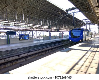 Chennai India April 15 2018 Wide View Of Metro Station Seen With A Train Arriving On Platform