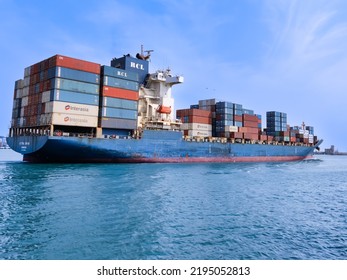 Chennai, , INDIA, Aug 22, 2022: Selective Focus Of Cargo Ship Leaving Of Chennai Port