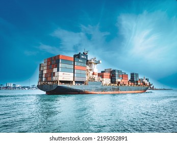 Chennai, , INDIA, Aug 22, 2022: Selective Focus Of Cargo Ship Leaving Of Chennai Port