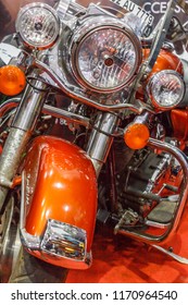 Chennai India August 26 2018 Close Up Of Harley Davidson Motorcycle. Low Light Photography With Selective Focus On The Subject.