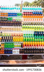 CHENNAI INDIA - CIRCA FEB 2021: Non Alcoholic Soft Drinks Stacked Up In Shelves On Open Air Marina Beach Shop