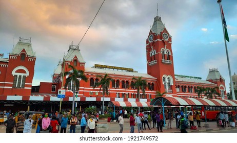 CHENNAI , INDIA - FEBRUARY 2021  Puratchi Thalaivar Dr MGR Central Railway Station With Blue Sky Background