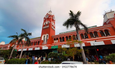 CHENNAI , INDIA - FEBRUARY 2021  Puratchi Thalaivar Dr MGR Central Railway Station With Blue Sky Background