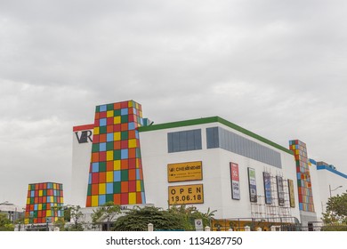 Chennai, India July 15 2018 Exterior View Of VR (Virtuous Retail) Shopping Mall Seen With Beautiful Architectural Design Covered By Glass Windows