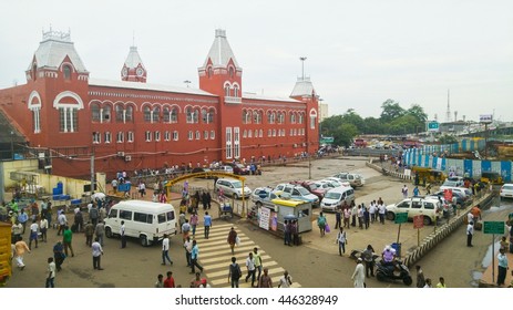 CHENNAI, INDIA - JUNE 29, 2016: Crowded Square In Front Of The Central Train Station During The Day.