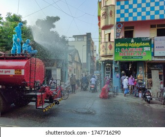 Chennai - India /TN - June 2020: Covid19 Sanitization Work Being Carried Out By Spraying Disinfectant From A Tanker