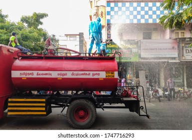 Chennai - India /TN - June 2020: Covid19 Sanitization Work Being Carried Out By Spraying Disinfectant From A Tanker