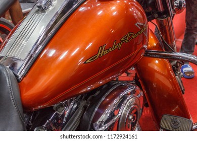 Chennai India,august 26 2018 Close Up Of Harley Davidson Motorcycle. Low Light Photography With Selective Focus On The Subject.