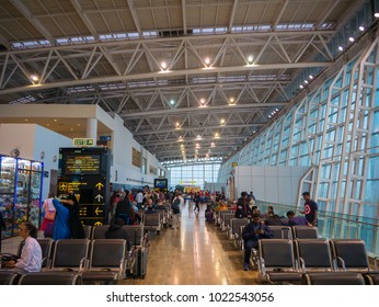 CHENNAI, TAMIL NADU, INDIA - January 14, 2018. Chennai Airport, International Terminal. Passengers Wait Before Boarding Their Plane.