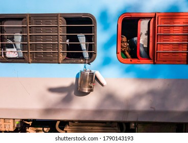 Chennai, Tamil Nadu, India - January 2020: Windows Of A Train Run By The Indian Railways Stopping At A Train Station.