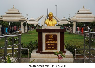 CHENNAI, TAMIL NADU, INDIA, MARCH 31, 2018: MGR Memorial On The Marina Beach In Chennai Built In Memory Of Film Star And Former Chief Minister M G Ramachandran. His Golden Bust In The Evening.