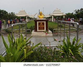  CHENNAI, TAMIL NADU, INDIA, MARCH 31, 2018: MGR Memorial On The Marina Beach In Chennai Built In Memory Of Film Star And Former Chief Minister M G Ramachandran. His Golden Bust In The Evening.