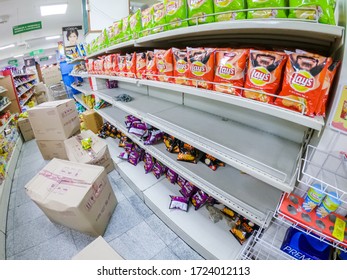 Chennai, Tamil Nadu, India - May 5, 2020: An Empty Shelf In The Potato Chips Section At Nilgiris Supermarket In Chennai During The Coronavirus Pandemic