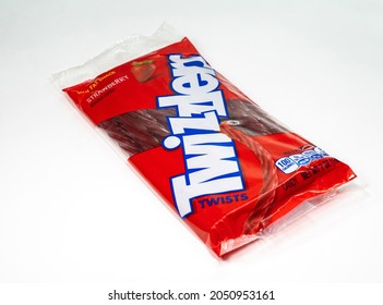 Chennai, Tamil Nadu, India - October 1, 2021: A pack of strawberry flavor Twizzlers on a white background.