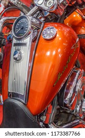 Chennai,india.august.26 2018 Close Up Of Harley Davidson Motorcycle. Low Light Photography With Selective Focus On The Subject.