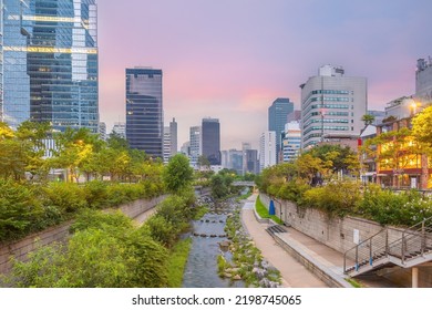 Cheonggyecheon, a  public recreation space in downtown Seoul in South Korea at twilight
