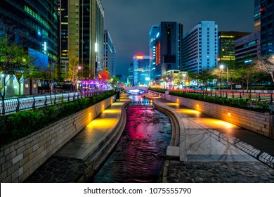 Cheonggyecheon stream modern public recreation space in downtown Seoul city with Crowd relax in Seoul City, South Korea.