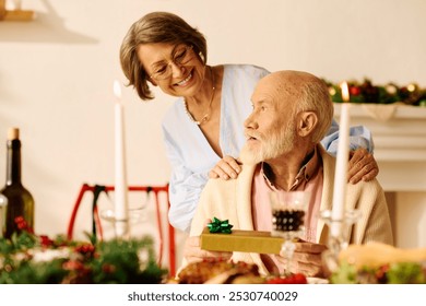 Cherished moments as a senior couple enjoys a special Christmas together, exchanging gifts. - Powered by Shutterstock