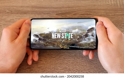 Cherkasy, Ukraine - September 15, 2021: PUBG NEW STATE Battle Royale game running on a black smartphone