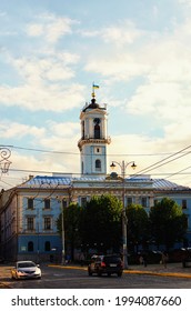 Chernivtsi, Ukraine-May 12, 2021:Scenic Landscape View Of Ancient Townhall In Chernivtsi. Beautiful Spring View. Vibrant Sky Background.