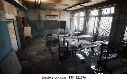 Chernobyl abandoned school classroom dark gloomy - Shutterstock ID 1534121396