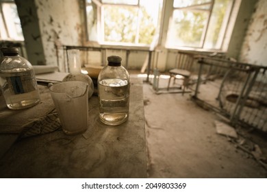 Chernobyl, Ukraine - Aug 07, 2019: Bottle Of Medicine In A Table At Pripyat Hospital - Text Says: For Injection - Pripyat, Chernobyl Exclusion Zone, Ukraine