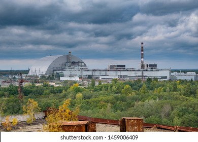 Chernobyl, Ukraine - October 03 2018. Chernobyl Nuclear Power Plant with New Safe Confinement covering the sarcophagus over Reactor No 4, seen from unfinished Reactor 5 building